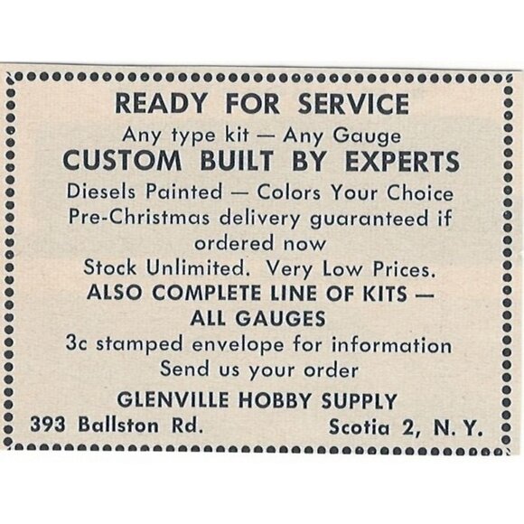 Glenville Hobby Supply Model Railroad Kit Vintage Print Ad 1954 Scotia NY u Orig - Picture 1 of 1